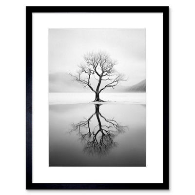 Artery8 Wall Art Print Lone Tree By Frozen Lake Winter Landscape Black And White Photograph Artwork Framed 9X7 Inch from B&Q