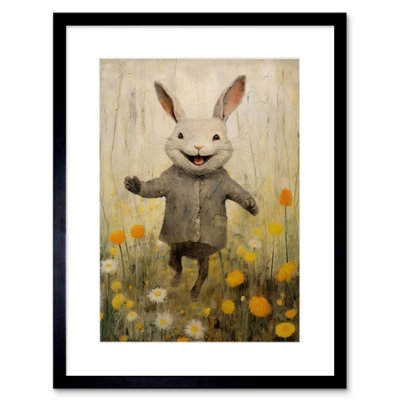 B&Q -  Wall Art Print Raincoat Rabbit Happy Bunny Flower Meadow Kids Girls Bedroom Nursery Artwork Framed 9X7 Inch