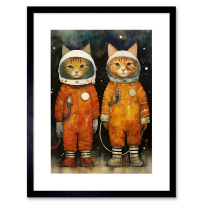B&Q -  Wall Art Print Cosmic Cats In Outer Space Moon Walk Fun Kids Bedroom Artwork Framed 9X7 Inch