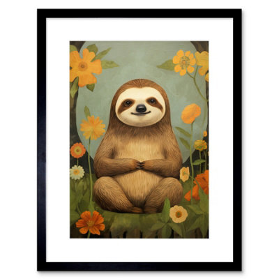 Artery8 Wall Art Print Smiling Sloth Meditating In Forest Flowers Kids Bedroom Artwork Framed 9X7 Inch from B&Q