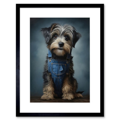 B&Q -  Wall Art Print Adorable Snorkie Dog In Blue Jean Dungarees Realistic Artwork Fun Pet Portrait Artwork Framed 9X7 Inch