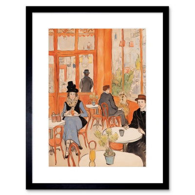 Artery8 Wall Art Print A Bustling Parisian Cafe In The Style Of Toulouse Lautrec Paris French Orange Artwork Framed 9X7 Inch from B&Q