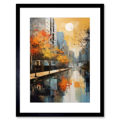 Artery8 Wall Art Print Cityscape River Canal Oil Painting Blue Orange Trees Autumn In The City Artwork Framed 9X7 Inch from B&Q