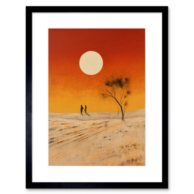 Artery8 Wall Art Print Desert Landscape Sunset Sun Oil Painting Amber Orange Yellow Windswept Dunes Artwork Framed 9X7 Inch from B&Q