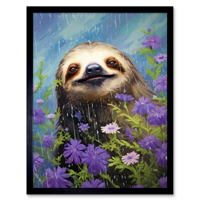 Artery8 Framed Wall Art Carefree Sloth In A Field Of Lavender Daisies Enjoying The Spring Rain Kids Bedroom12X16 Inch from B&Q