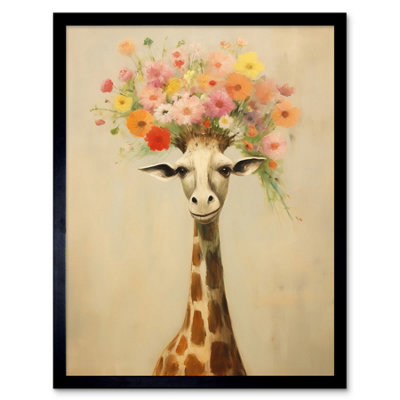 Artery8 Framed Wall Art Cheerful Giraffe With Wildflower Bouquet Hat Spring Camouflage Whimsical Nursery12X16 Inch from B&Q