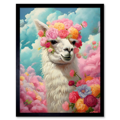 Artery8 Framed Wall Art Head In The Clouds Conceptual Fabulous Carefree Llama With Rose Flower Headband Kids Room12X16 Inch from B&Q