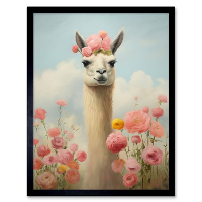 Artery8 Framed Wall Art Llama And Peonies Pink Elegant Artwork Kids Bedroom Floral Portrait With Roses12X16 Inch from B&Q