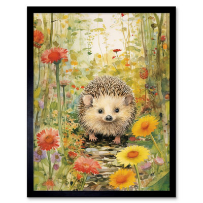 Artery8 Framed Wall Art Adorable Hedgehog In A Wildflower Meadow Watercolour Kids Bedroom Cute Woodland Creature12X16 Inch from B&Q