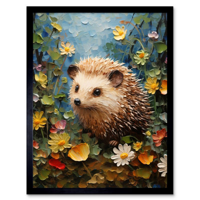 Artery8 Framed Wall Art Hedgehog Wildflower Meadow Thick Paint Oil Painting Kids Bedroom Cute Woodland Creature12X16 Inch from B&Q