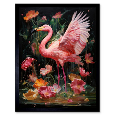 B&Q -  Framed Wall Art Flamboyant Flamingo Feathers Artwork Bird In The Rain Vibrant Pink Orange Green12X16 Inch