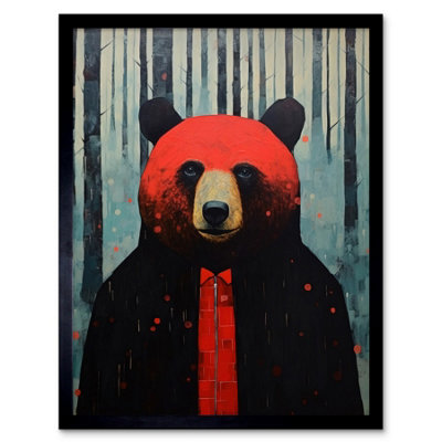 Artery8 Framed Wall Art Hipster Red Bear Artwork Oil Painting Black Blue Artwork Forest Trees12X16 Inch from B&Q