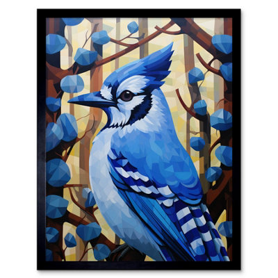 Artery8 Framed Wall Art Blue Jay Geometric Artwork Wild Bird Perched On Tree Polygonal Forest Landscape12X16 Inch