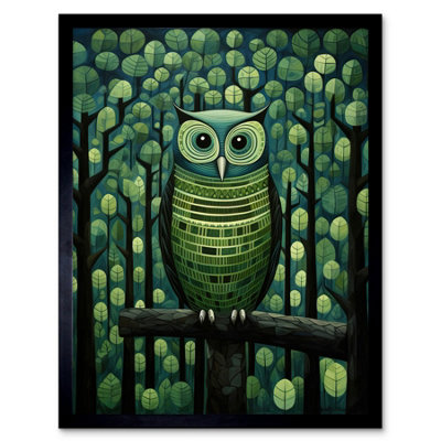 B&Q -  Framed Wall Art Sage Green Owl Perched In Geometric Forest Night Dusk12X16 Inch