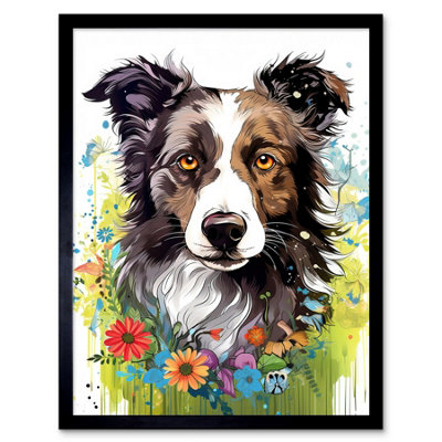 Artery8 Framed Wall Art Border Collie Dog Bright Watercolour Floral Portrait With Wildflowers And Butterflies12X16 Inch from B&Q