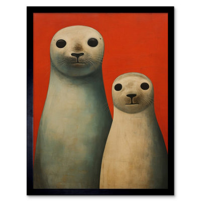 Artery8 Framed Wall Art Seal Pups Portrait White Cream On Red Crimson Coral Detailed Oil Painting12X16 Inch from B&Q