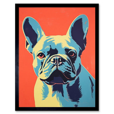 Artery8 Framed Wall Art French Bulldog Colour Block Artwork Coral Orange Blue Vibrant Pet Portrait Cute12X16 Inch