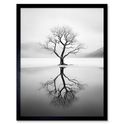 Artery8 Framed Wall Art Lone Tree By Frozen Lake Winter Landscape Black And White Photograph12X16 Inch from B&Q