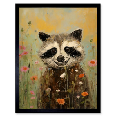 Artery8 Framed Wall Art Gleeful Raccoon Picking Flowers Red White Blooms Spring Meadow Landscape Kids Bedroom12X16 Inch from B&Q