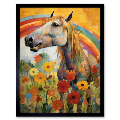 Artery8 Framed Wall Art Girls Bedroom Nursery Artwork Rainbow Horse With Flowers Bright Colourful Happy12X16 Inch from B&Q