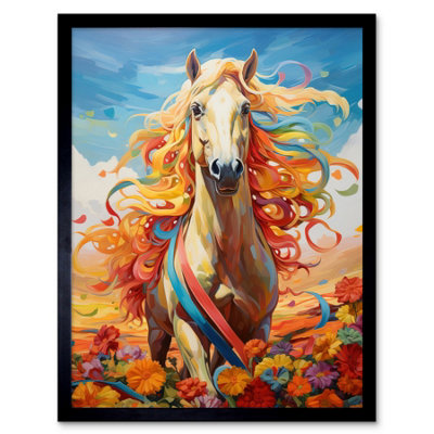 Artery8 Framed Wall Art Girls Bedroom Nursery Artwork Fantasy Horse Colourful Mane Bright Bold Fun Happy - 12X16 Inch