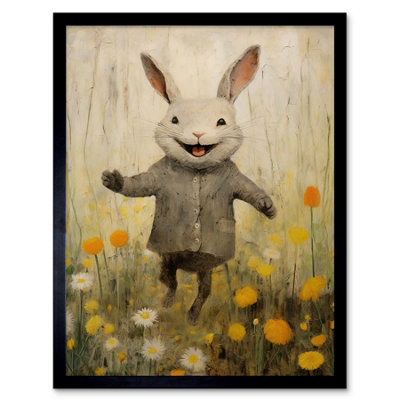 B&Q -  Framed Wall Art Raincoat Rabbit Happy Bunny Flower Meadow Kids Girls Bedroom Nursery12X16 Inch