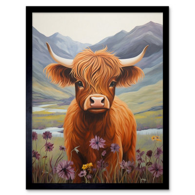 Artery8 Framed Wall Art Kids Bedroom Nursery Artwork Highland Calf Cow In Heather And Cornflower Glen Scotland12X16 Inch from B&Q