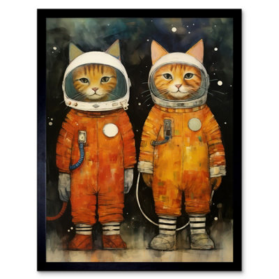 B&Q -  Framed Wall Art Cosmic Cats In Outer Space Moon Walk Fun Kids Bedroom12X16 Inch