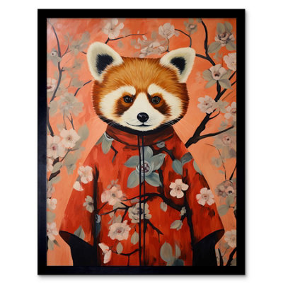 B&Q -  Framed Wall Art Red Panda In Kimono Cherry Blossom Trees Japan12X16 Inch