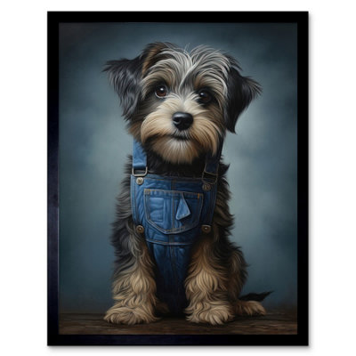 B&Q -  Framed Wall Art Adorable Snorkie Dog In Blue Jean Dungarees Realistic Artwork Fun Pet Portrait12X16 Inch