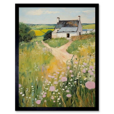 Artery8 Framed Wall Art Country Farmhouse Cottage Scene Traditional Landscape Meadows Countryside Summer12X16 Inch from B&Q