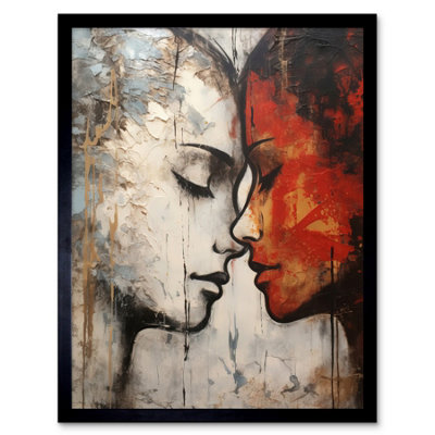 Artery8 Framed Wall Art Affection Thick Paint Oil Painting Red Bold Blue Lovers Emotional Connection Women Love12X16 Inch