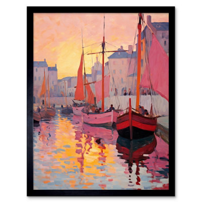 B&Q -  Framed Wall Art Sailboats Reflecting In Harbour Water Pink Orange Sunset Painting Anchoring By Promenade12X16 Inch