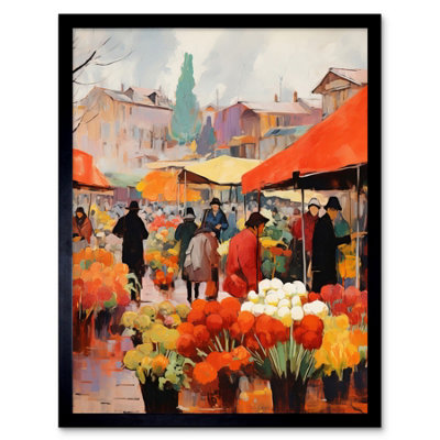 Artery8 Framed Wall Art Busy Flower Market Warm Amber Orange Yellow Oil Painting12X16 Inch from B&Q