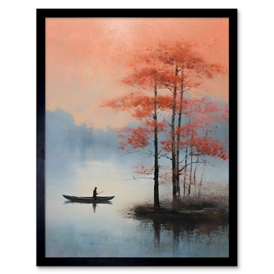 Artery8 Framed Wall Art Canoe Boat On Misty Lake Oil Painting Landscape Blue Pink Blossom Tree Early Morning12X16 Inch from B&Q