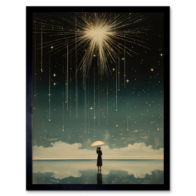 B&Q -  Framed Wall Art Falling Star Rain Dreamy Artwork Bright Star Wish Woman With Umbrella Fairytale Dreamscape12X16 Inch