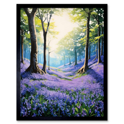 Artery8 Framed Wall Art Bluebell Forest Sunshine Vibrant Artwork Purple Blue Flowers Early Morning Serene Landscape12X16 Inch from B&Q