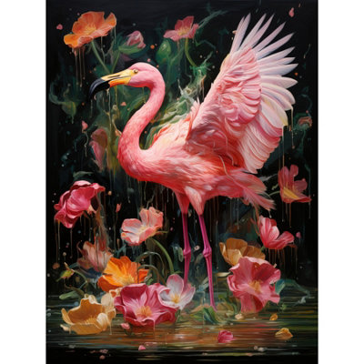 B&Q -  Unframed Wall Art Flamboyant Flamingo Feathers Artwork Bird In The Rain Vibrant Pink Orange Green12X16 Inch