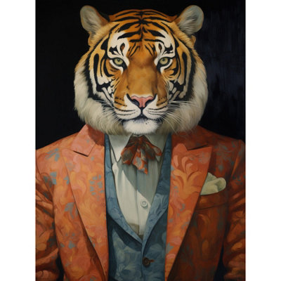 Artery8 Unframed Wall Art Tiger About Town Artwork Coral Pink And Cerulean Blue Suit Conceptual Portrait12X16 Inch from B&Q