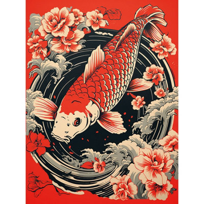 B&Q -  Unframed Wall Art Koi Fish Carp Japan Whirlpool Red Black Floral Artwork Coy12X16 Inch