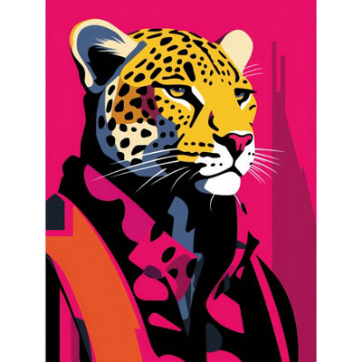 B&Q -  Unframed Wall Art Strong Leopard In Suit Bold Artwork Orange Pop Art Hot Pink Vibrant Portrait12X16 Inch