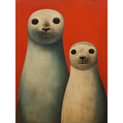 Artery8 Unframed Wall Art Seal Pups Portrait White Cream On Red Crimson Coral Detailed Painting12X16 Inch from B&Q