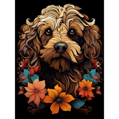 Artery8 Unframed Wall Art Cockapoo Dog With Flowers Artwork Orange Brown Blue Floral Art Nouveau Portrait On Black12X16 Inch from B&Q