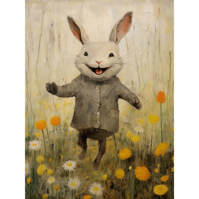 B&Q -  Unframed Wall Art Raincoat Rabbit Happy Bunny Flower Meadow Kids Girls Bedroom Nursery12X16 Inch