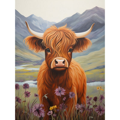 Artery8 Unframed Wall Art Kids Bedroom Nursery Artwork Highland Calf Cow In Heather And Cornflower Glen Scotland12X16 Inch from B&Q