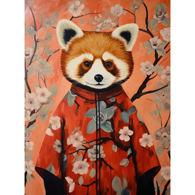 B&Q -  Unframed Wall Art Red Panda In Kimono Cherry Blossom Trees Japan12X16 Inch