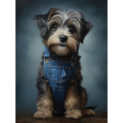 B&Q -  Unframed Wall Art Adorable Snorkie Dog In Blue Jean Dungarees Realistic Artwork Fun Pet Portrait12X16 Inch