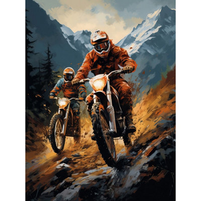 Artery8 Unframed Wall Art Motocross Bikers Racing Action Shot Painting Stone Blue Orange Scenic Mountain Landscape12X16 Inch from B&Q