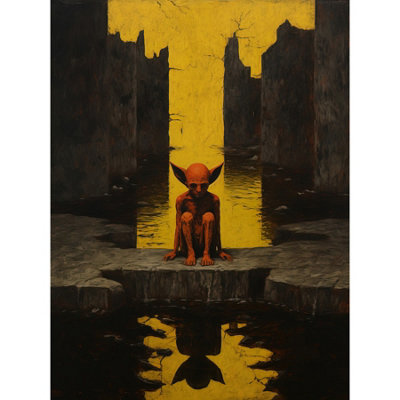 B&Q -  Unframed Wall Art Nosferatu Lair Conceptual Art Painting Yellow Sky Castle Ruins Water Reflection12X16 Inch