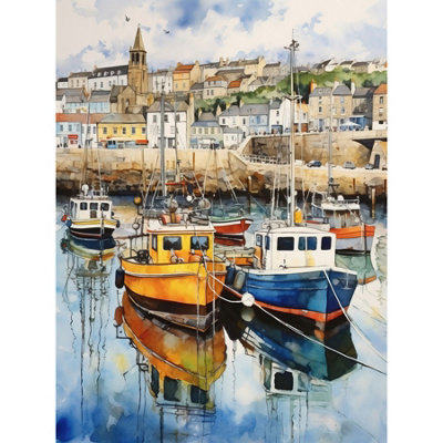 Artery8 Unframed Wall Art Penzance Harbour Trawler Boats Promenade Watercolour Painting Cornwall Coastal Townscape12X16 Inch from B&Q